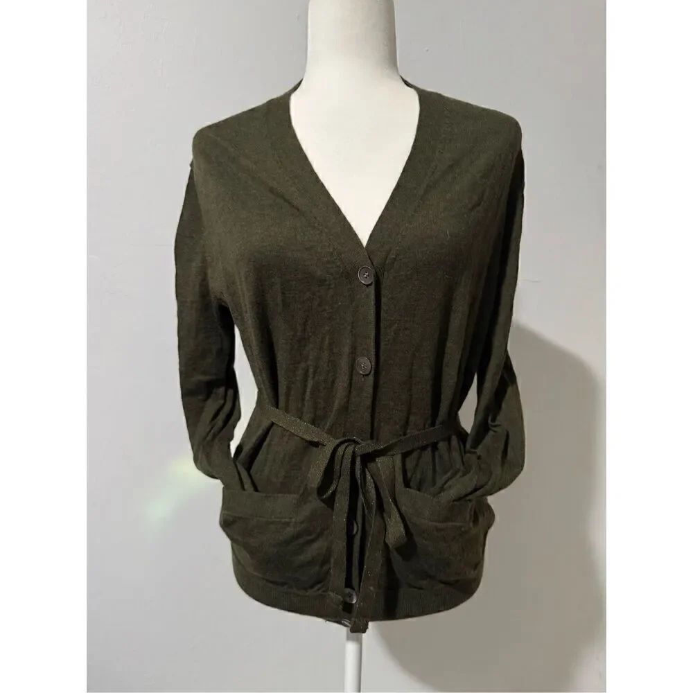 J. Crew olive green 100% merino Wool cardigan tie sweater S button front